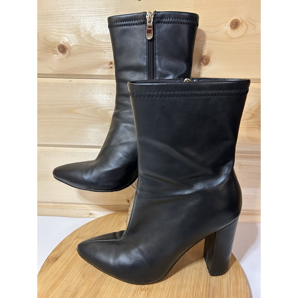 Wetkiss Mid-Calf Black Matte Leather Boots Chunky Heel Pointed Toe Sz 8
